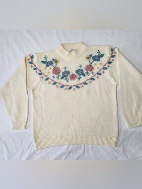 ALFRED DUNNER EMBROIDERED FLORAL SWEATER WOMENS COLOR CREAM SIZE LARGE